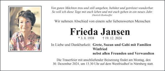 Traueranzeige von Frieda Jansen von Gesamtausgabe Nürnberger Nachrichten/ Nürnberger Ztg.