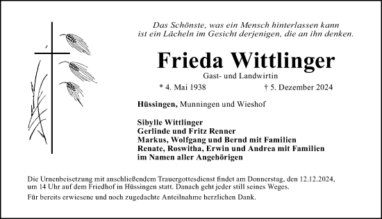 Traueranzeige von Frieda Wittlinger von Altmühl-Bote Lokal