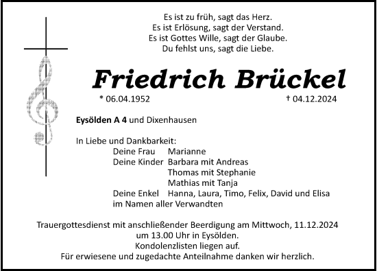 Traueranzeige von Friedrich Brückel von Roth-Hilpoltsteiner Volkszeitung Lokal