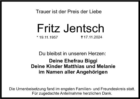 Traueranzeige von Fritz Jentsch von Nordbayerische Nachrichten Herzogenaurach Lokal