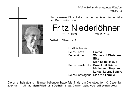 Traueranzeige von Fritz Niederlöhner von Altmühl-Bote Lokal