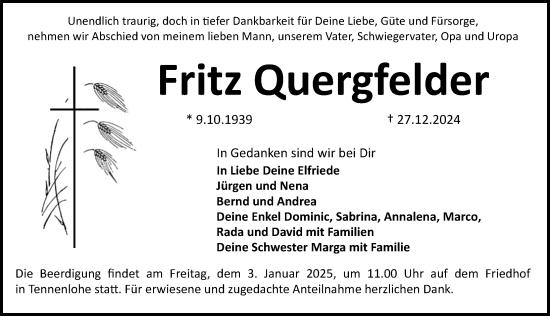 Traueranzeige von Fritz Quergfelder von Erlanger Nachrichten Lokal