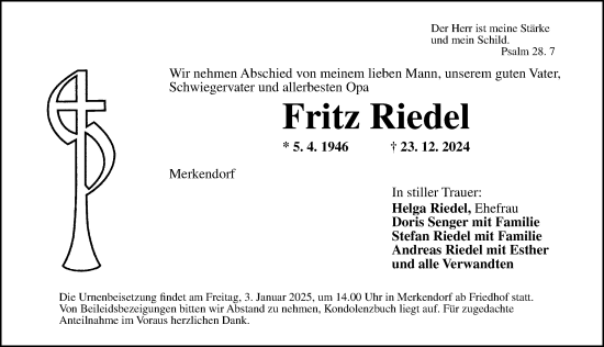 Traueranzeige von Fritz Riedel von Altmühl-Bote Lokal