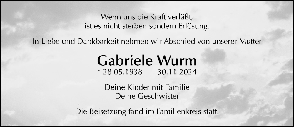  Traueranzeige für Gabriele Wurm vom 21.12.2024 aus Gesamtausgabe Nürnberger Nachrichten/ Nürnberger Ztg.