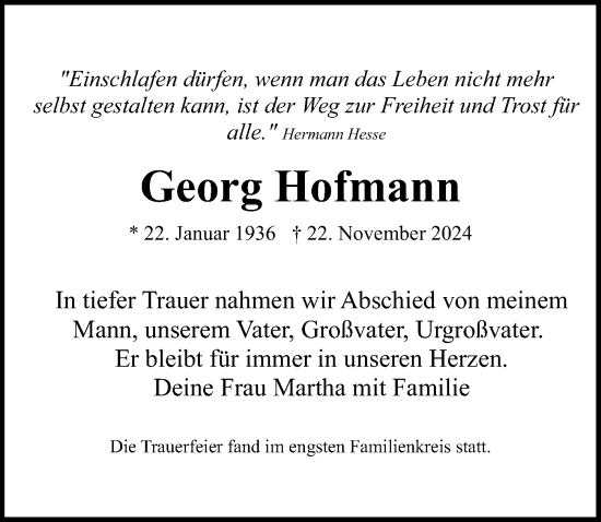 Traueranzeige von Georg Hofmann von Gesamtausgabe Nürnberger Nachrichten/ Nürnberger Ztg.