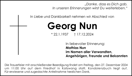 Traueranzeige von Georg Nun von Gesamtausgabe Nürnberger Nachrichten/ Nürnberger Ztg.