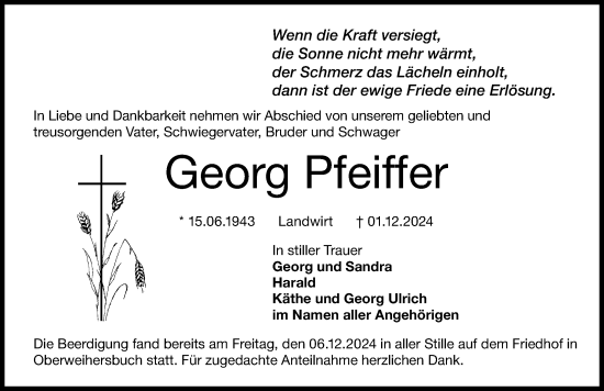 Traueranzeige von Georg Pfeiffer von Gesamtausgabe Nürnberger Nachrichten/ Nürnberger Ztg.