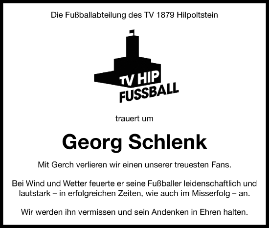 Traueranzeige von Georg Schlenk von Roth-Hilpoltsteiner Volkszeitung Lokal