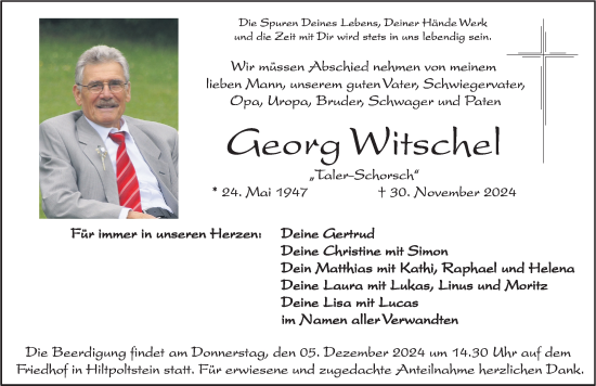 Traueranzeige von Georg Witschel von Nordbayer. Nachrichten Forchheim/ Gesamtausgabe Nürnberger Nachrichten/ Nürnberger Ztg.