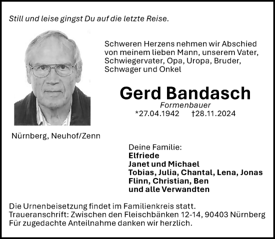 Traueranzeige von Gerd Bandasch von Gesamtausgabe Nürnberger Nachrichten/ Nürnberger Ztg.