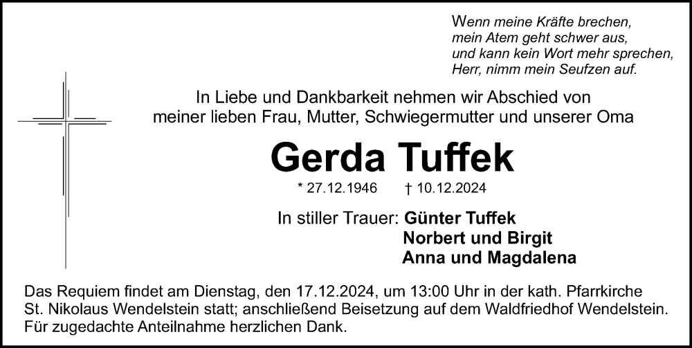  Traueranzeige für Gerd Tuffek vom 14.12.2024 aus Schwabacher Tagblatt Lokal