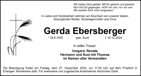 Traueranzeige von Gerda Ebersberger von Erlanger Nachrichten Lokal