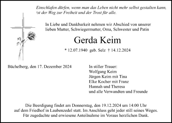 Traueranzeige von Gerda Keim von Altmühl-Bote Lokal