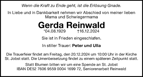 Traueranzeige von Gerda Reinwald von Gesamtausgabe Nürnberger Nachrichten/ Nürnberger Ztg.