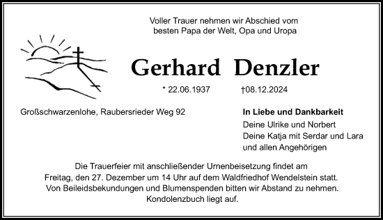 Traueranzeige von Gerhard Denzler von Schwabacher Tagblatt Lokal