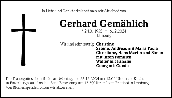 Traueranzeige von Gerhard Gemählich von Gesamtausgabe Nürnberger Nachrichten/ Nürnberger Ztg.