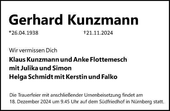 Traueranzeige von Gerhard Kunzmann von Gesamtausgabe Nürnberger Nachrichten/ Nürnberger Ztg.