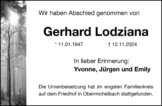 Traueranzeige von Gerhard Lodziana von Erlanger Nachrichten Lokal