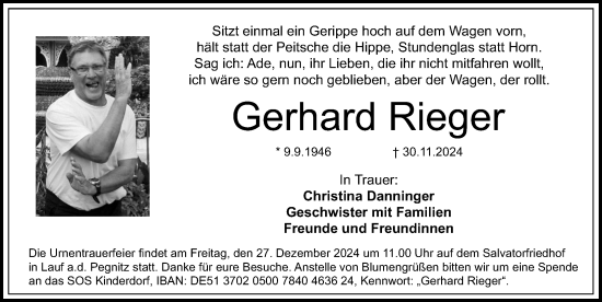 Traueranzeige von Gerhard Rieger von Gesamtausgabe Nürnberger Nachrichten/ Nürnberger Ztg.