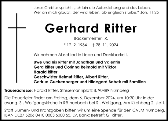 Traueranzeige von Gerhard Ritter von Gesamtausgabe Nürnberger Nachrichten/ Nürnberger Ztg.