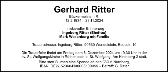 Traueranzeige von Gerhard Ritter von Gesamtausgabe Nürnberger Nachrichten/ Nürnberger Ztg.