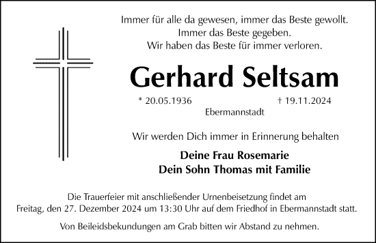 Traueranzeige von Gerhard Seltsam von Nordbayerische Nachrichten Forchheim Lokal