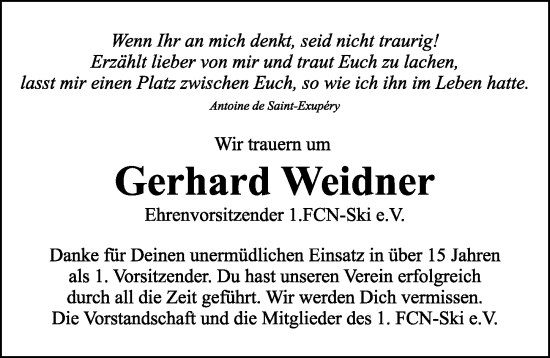 Traueranzeige von Gerhard Weidner von Gesamtausgabe Nürnberger Nachrichten/ Nürnberger Ztg.