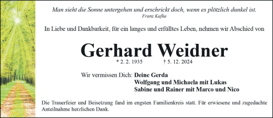 Traueranzeige von Gerhard Weidner von Gesamtausgabe Nürnberger Nachrichten/ Nürnberger Ztg.