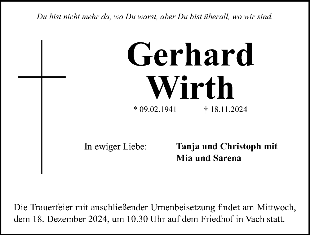  Traueranzeige für Gerhard Wirth vom 14.12.2024 aus Fürther Nachrichten Lokal