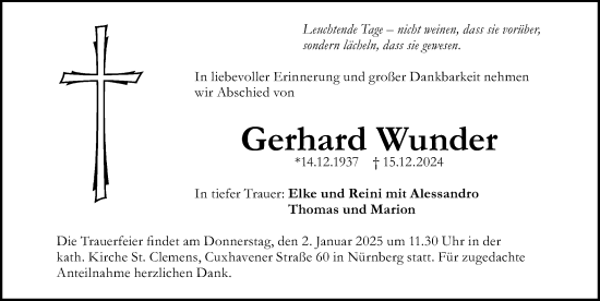 Traueranzeige von Gerhard Wunder von Gesamtausgabe Nürnberger Nachrichten/ Nürnberger Ztg.