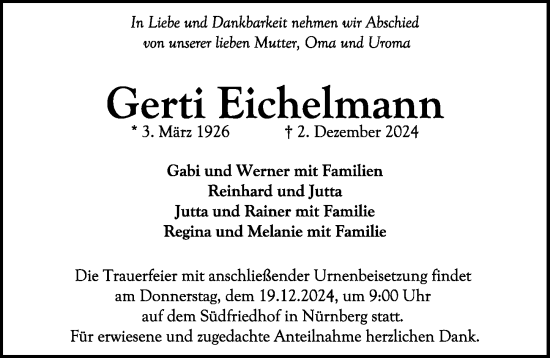 Traueranzeige von Gerti Eichelmann von Gesamtausgabe Nürnberger Nachrichten/ Nürnberger Ztg.