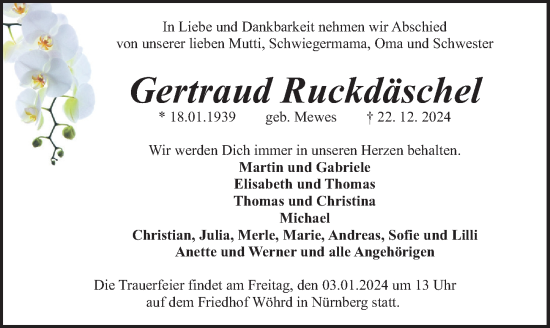 Traueranzeige von Gertraud Ruckdäschel von Gesamtausgabe Nürnberger Nachrichten/ Nürnberger Ztg.