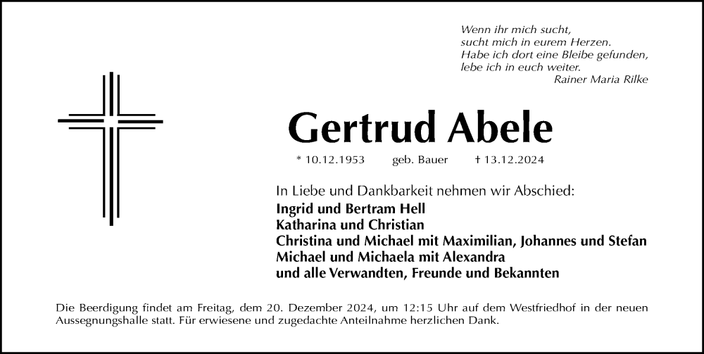  Traueranzeige für Gertrud Abele vom 16.12.2024 aus Gesamtausgabe Nürnberger Nachrichten/ Nürnberger Ztg.
