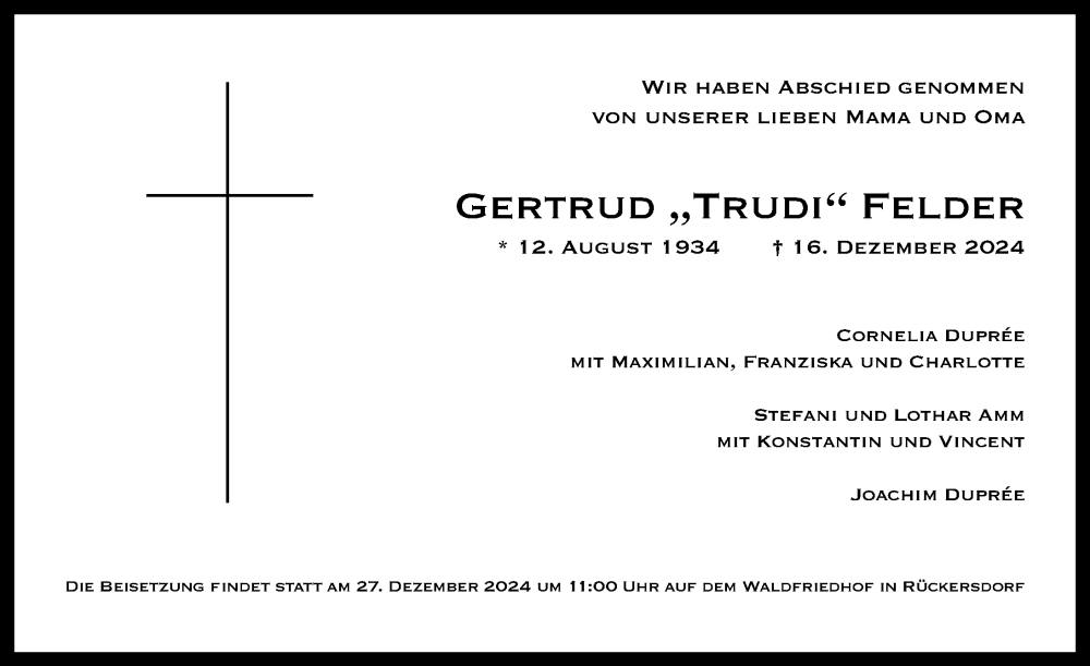  Traueranzeige für Gertrud Felder vom 21.12.2024 aus Gesamtausgabe Nürnberger Nachrichten/ Nürnberger Ztg.