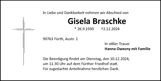 Traueranzeige von Gisela Braschke von Fürther Nachrichten Lokal