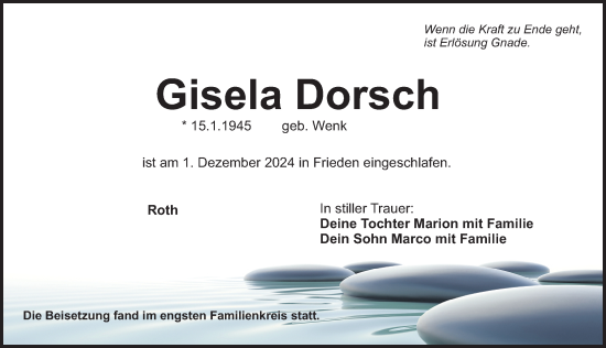 Traueranzeige von Gisela Dorsch von Roth-Hilpoltsteiner Volkszeitung Lokal