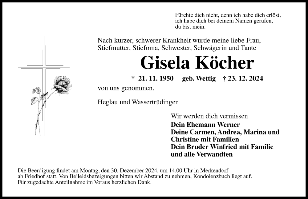  Traueranzeige für Gisela Köcher vom 28.12.2024 aus Altmühl-Bote Lokal