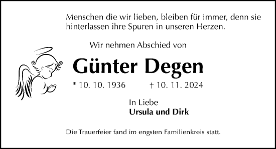 Traueranzeige von Günter Degen von Gesamtausgabe Nürnberger Nachrichten/ Nürnberger Ztg.