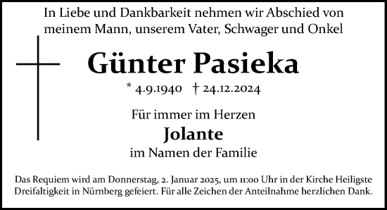 Traueranzeige von Günter Pasieka von Gesamtausgabe Nürnberger Nachrichten/ Nürnberger Ztg.