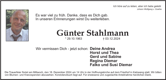 Traueranzeige von Günter Stahlmann von Gesamtausgabe Nürnberger Nachrichten/ Nürnberger Ztg.