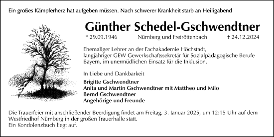 Traueranzeige von Günther Schedel-Gschwendtner von Gesamtausgabe Nürnberger Nachrichten/ Nürnberger Ztg.