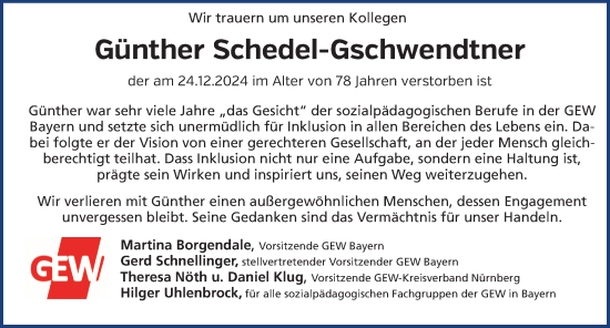 Traueranzeige von Günther Schedel-Gschwendtner von Gesamtausgabe Nürnberger Nachrichten/ Nürnberger Ztg.