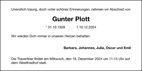 Traueranzeige von Gunter Plott von Gesamtausgabe Nürnberger Nachrichten/ Nürnberger Ztg.