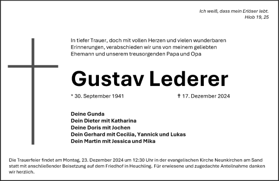 Traueranzeige von Gustav Lederer von HHZ,HPZ