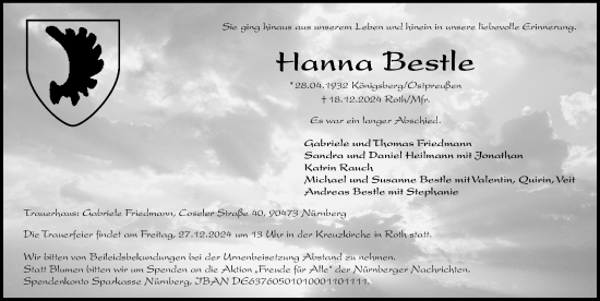 Traueranzeige von Hanna Bestle von Gesamtausgabe Nürnberger Nachrichten/ Nürnberger Ztg./ Roth-Hilpoltsteiner Volkszeitung