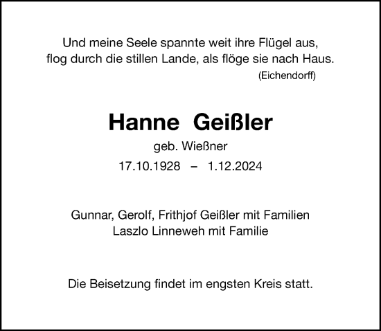 Traueranzeige von Hanne Geißler von Fürther Nachrichten Lokal