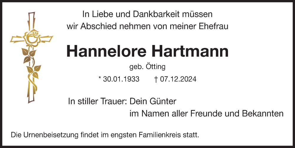  Traueranzeige für Hannelore Hartmann vom 18.12.2024 aus Nordbayer. Nachrichten Forchheim/ Erlanger Nachrichten