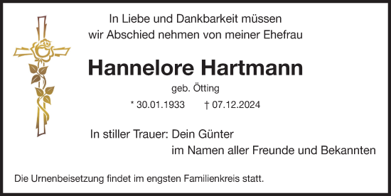 Traueranzeige von Hannelore Hartmann von Nordbayer. Nachrichten Forchheim/ Erlanger Nachrichten