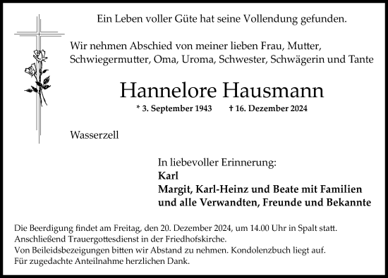 Traueranzeige von Hannelore Hausmann von Roth-Hilpoltsteiner Volkszeitung Lokal