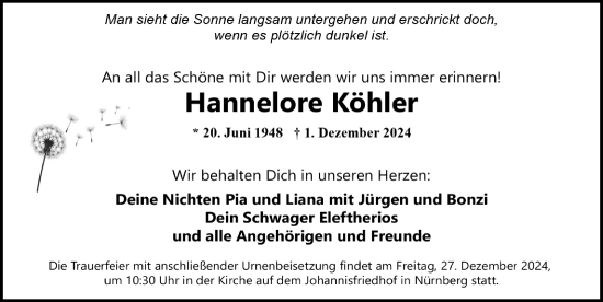 Traueranzeige von Hannelore Köhler von Gesamtausgabe Nürnberger Nachrichten/ Nürnberger Ztg.
